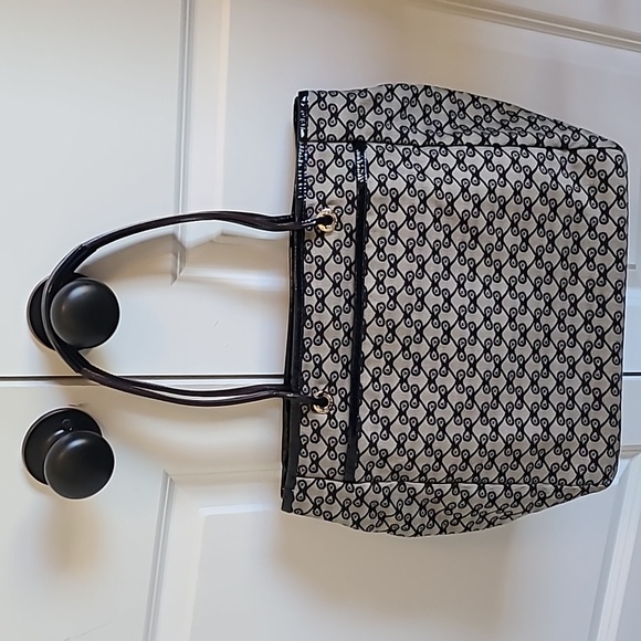 Anya Hindmarch logo blue and gray canvas tote leather handles leather